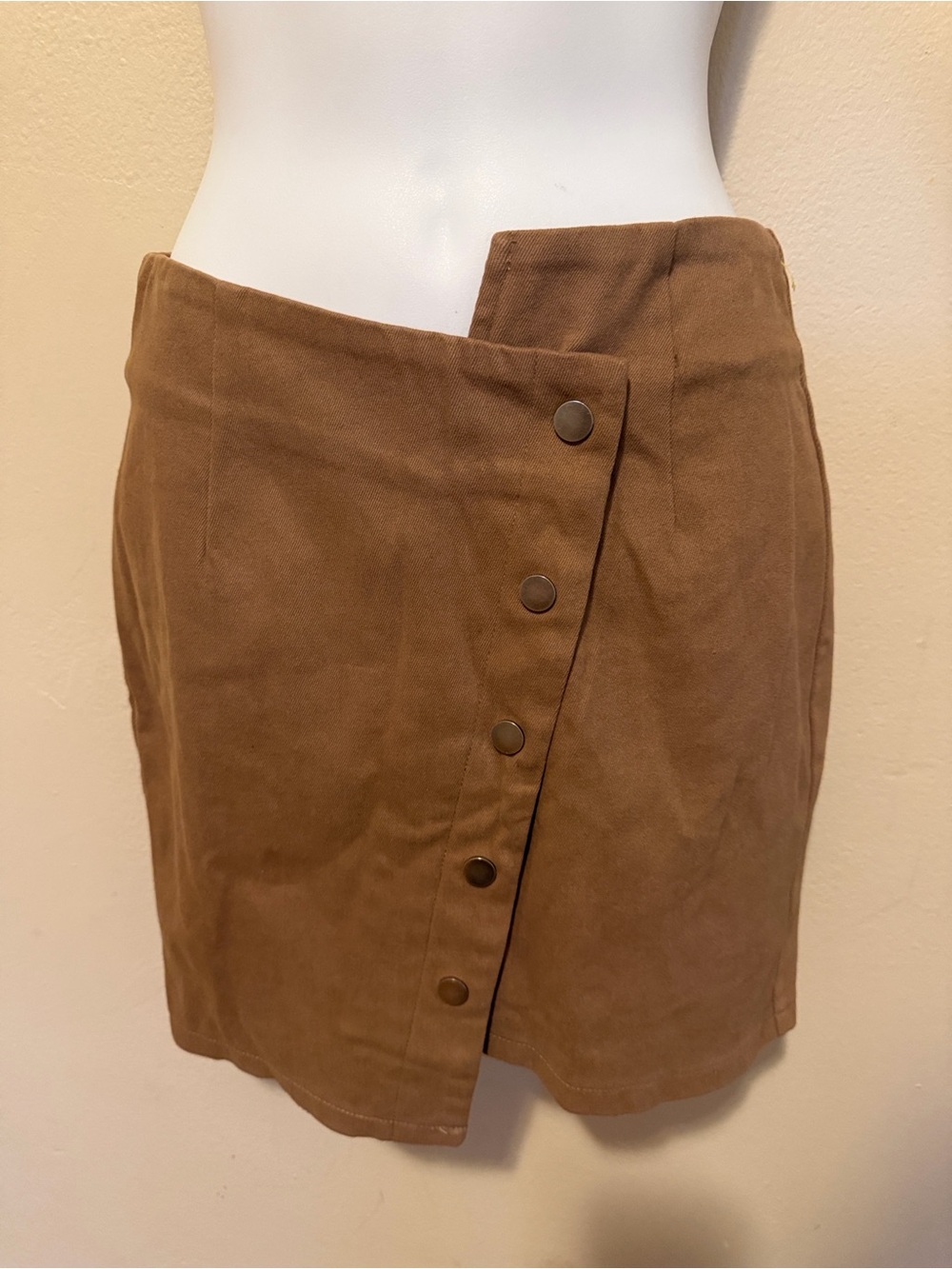 Snap-Button Brown Suede-Look Mini Skirt